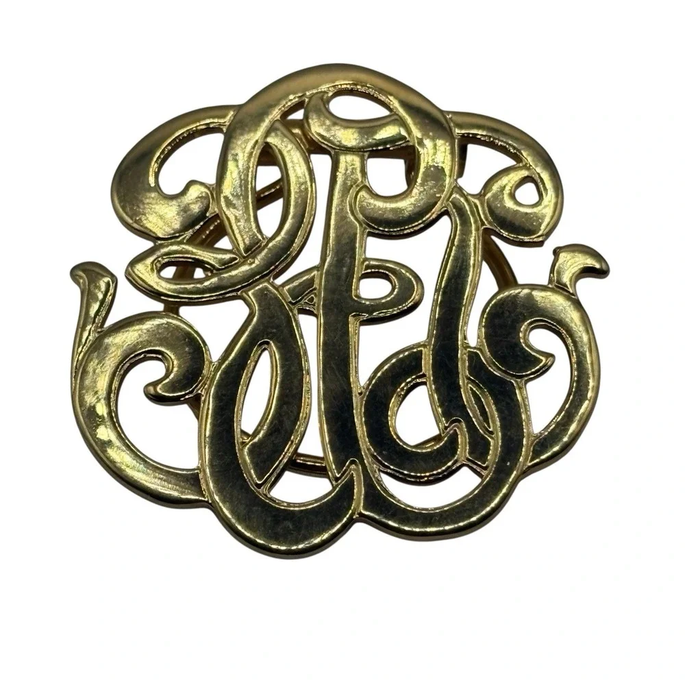 Vintage Scarf Dress Clip Gold Tone Monogram‎ Initials Script Letters Open Work